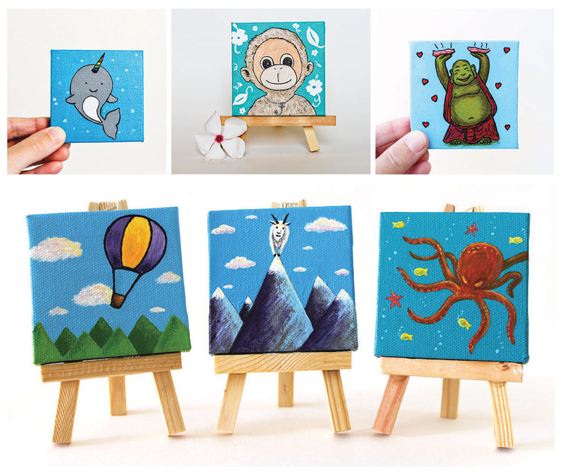 Mini acrylic paintings on 3 inch by 3 inch canvas with tiny wooden easels. Painting of narwhal, monkey, bacon buddha, hot air balloon, mountain goat, octopus by Kim Wagner Nolan