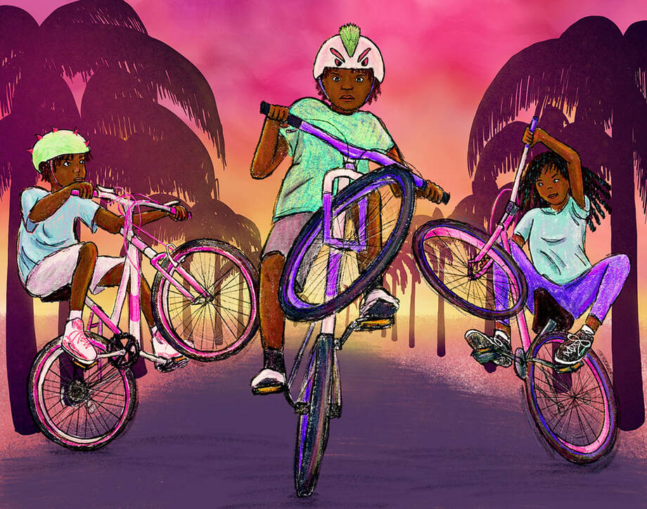 kids on bikes popping wheelies with palm trees and an orange, pink, yellow sunset background urban street scene children's illustration by Kim Wagner Nolan