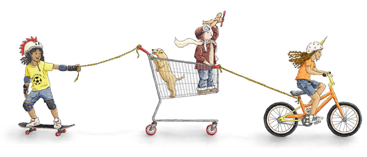 children's picture book illustration of a girl riding an orange bike wearing a unicorn helmet pulling a boy and dog in a shopping cart pulling a girl wearing a mohawk helmet riding a skateboard by Kim Wagner Nolan