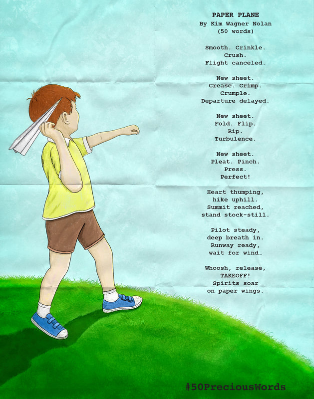 First place winner of the 50 precious words international writing contest for Paper Plane by Kim Wagner Nolan with an illustration of a little boy standing on top of a hill about to throw a paper airplane © Kim Wagner Nolan