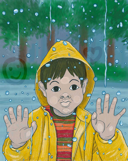 Funny illustration of a little boy wearing a yellow raincoat smushing his face and hands against a window covered in raindrops on a rainy day. Children's illustration by artist Kim Wagner Nolan