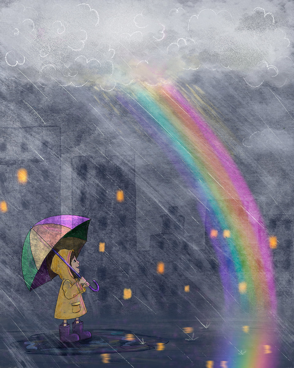 Rainbow children's picture book illustration of a little girl wearing a yellow raincoat, purple rainboots, and holding a rainbow umbrella. She's walking in the rain with a cityscape in the background. She is staring up with awe and wonder at a giant rainbow beaming down from the clouds above. Illustration by Kim Wagner Nolan.