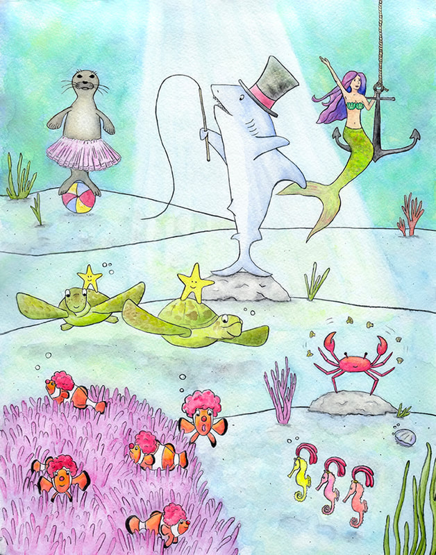 children's watercolor illustration of an underwater circus with a shark, mermaid, seal, sea turtles, clown fish, juggling crab, and seahorses ©Kim Wagner Nolan