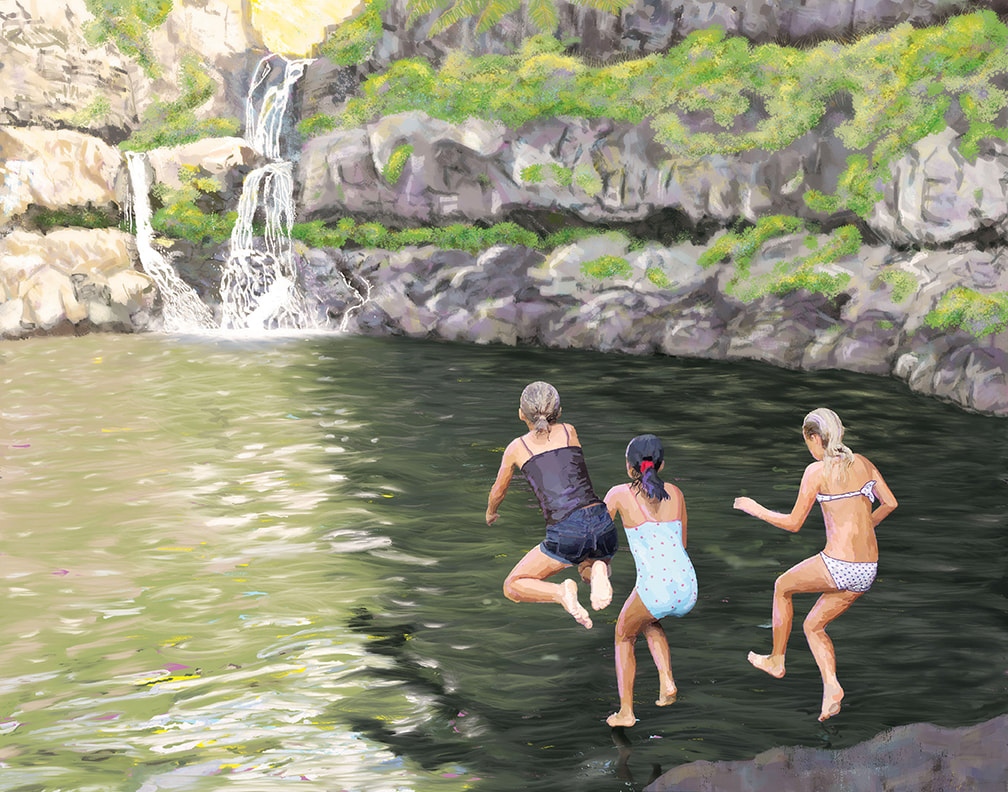 Three little girls jumping into a pool of water at the Seven Sacred Pools in Maui, Hawaii with rocks and waterfall in the background illustration by Kim Wagner Nolan