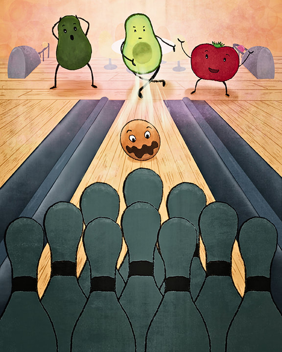 funny children's illustration by Kim Wagner Nolan of an avocado using his pit as a bowling ball and bowling in a bowling alley with a tomato