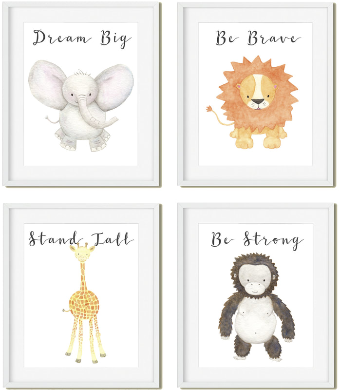 nursery illustrations of baby safari animals, Dream big elephant, be brave lion, stand tall giraffe, be strong gorilla watercolor paintings by Kim Wagner Nolan