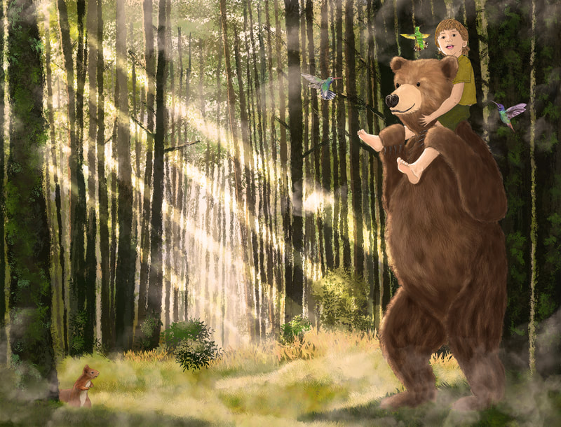 Happy bear carrying a little boy on his shoulders through the forest with hummingbirds and squirrels children's illustration by Kim Wagner Nolan