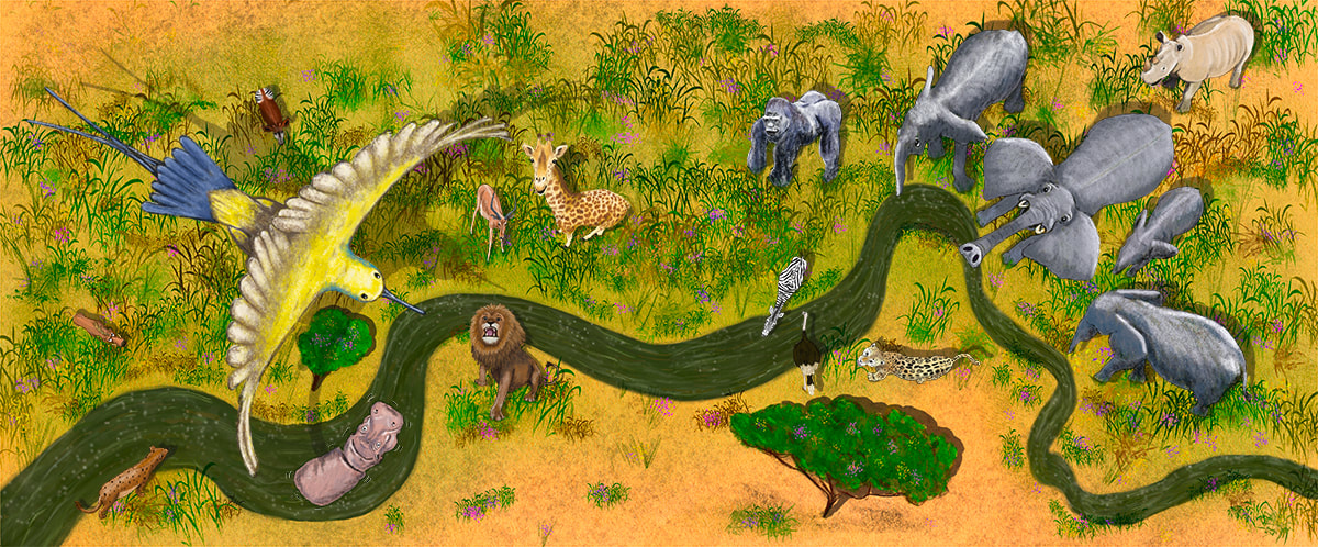 Children's picture book illustration of a birds eye view of the African savannah with safari animals by Kim Wagner Nolan