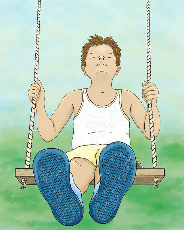 children's illustration of a little boy with brown hair wearing a white tank top, yellow shorts, and blue sneakers swinging on a wooden rope swing with a blue and green background. Illustration by Kim Wagner Nolan.