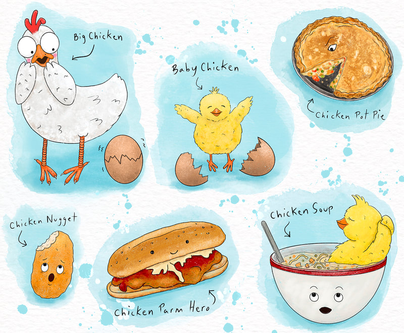 funny children's illustration of chickens including a big chicken laying an egg, a baby chicken hatched from an egg, chicken pot pie, chicken nugget, chicken parm hero, and a bowl of chicken soup with a baby chicken relaxing in the bowl © Kim Wagner Nolan