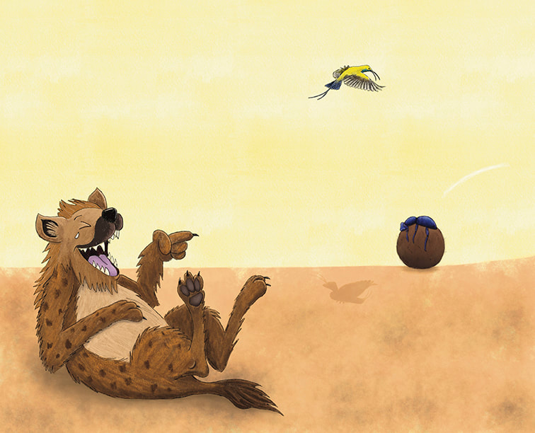 children's picture book illustration of a hyena laughing at an African dung beetle with a sunbird watching from a yellow sky by Kim Wagner Nolan