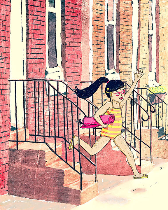 children's picture book illustration of a little girl with a cochlear implant wearing a yellow and pink striped bathing suit carrying a pink towel. The little girl is running down the stairs of her apartment building and into the summer sunshine.