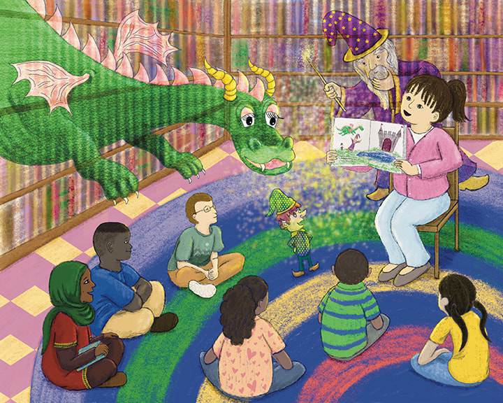 children's picture book illustration of a librarian reading a picture book to children while the characters in the story-a dragon, elf, and wizard-come to life © Kim Wagner Nolan