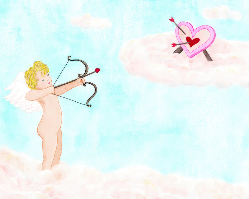 Children's illustration by Kim Wagner Nolan of cupid shooting arrows at a heart shaped target Valentine's day illustration