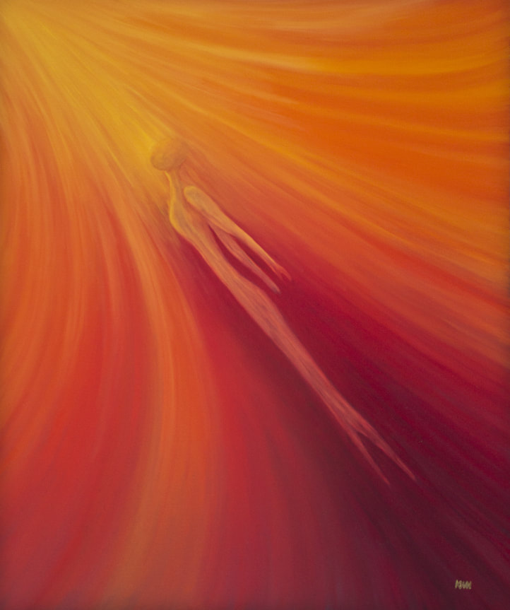 Emerge- 24 x 20, Abstract mermaid painting, Oil painting on canvas, orange, red, yellow painting by Kim W. Nolan