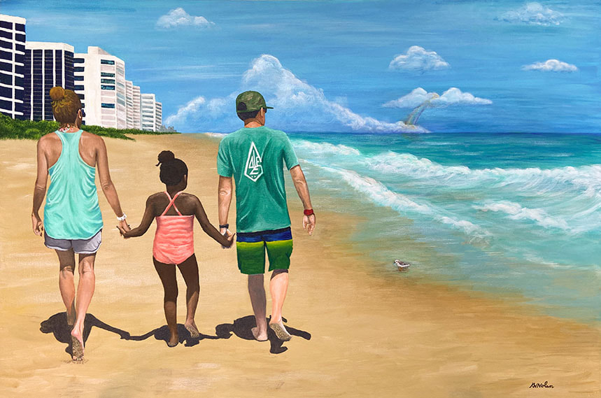 original acrylic painting of a family holding hands and walking on the beach towards a rainbow. Painting by Kim Wagner Nolan