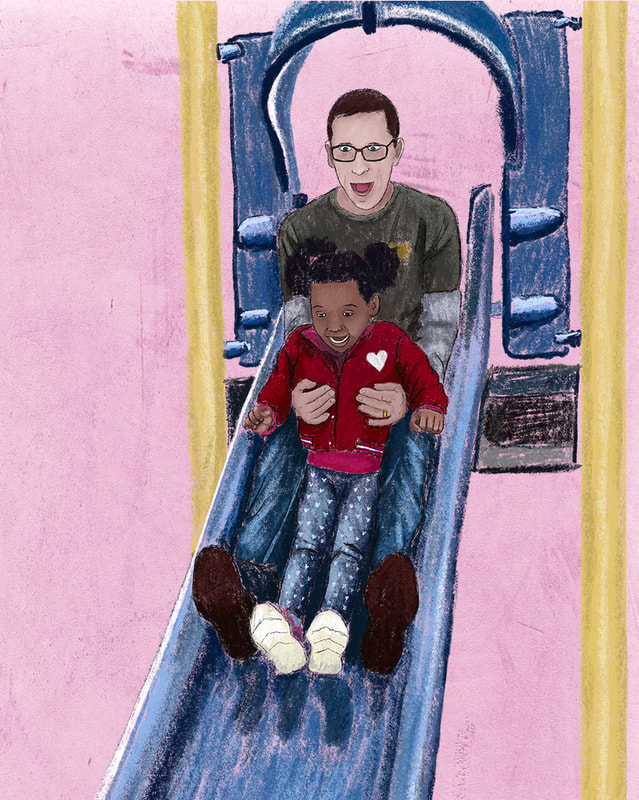 illustration of a little girl with her daddy sliding down the playground slide together by Kim Wagner Nolan