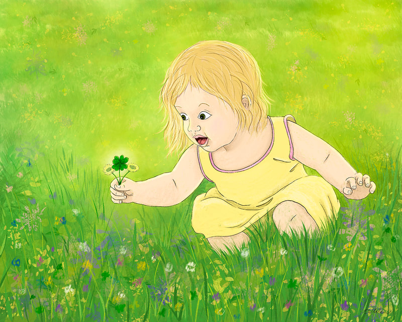 Four-leaf clover- Illustration of a toddler in a yellow dress crouching a in a field of grass and wildflowers staring in wonder at the four-leaf clover in her hand. Illustration by Kim Wagner Nolan.