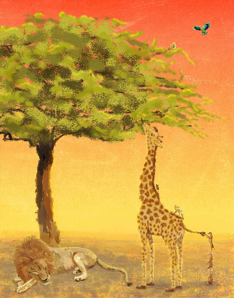 Giraffe helping meerkats, elephant shrews, fennec fox climb a tree in Africa while a lion sleeps. Illustration of African animals and birds with an orange sky by Kim Wagner Nolan