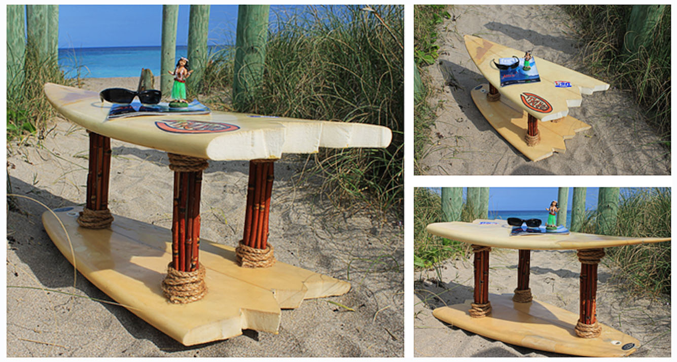 Surfboard coffee table made from recycled surfboards