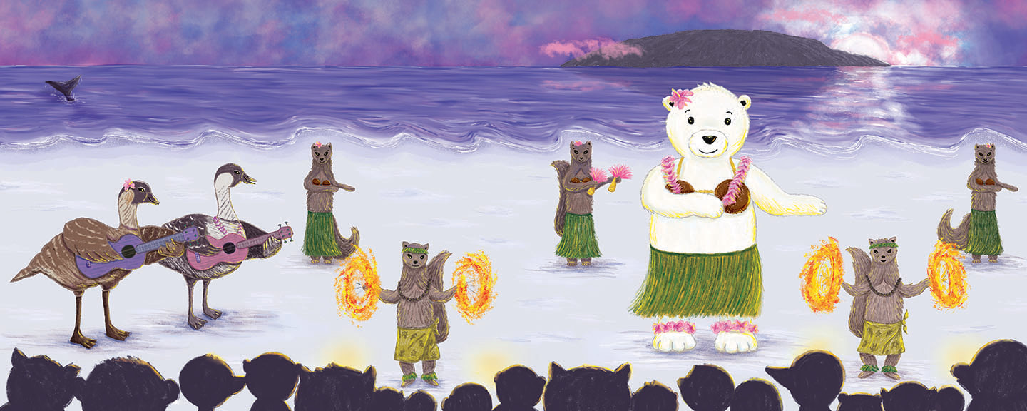 Children's book illustration by Kim Wagner Nolan from THE FAMOUS HAWAIIAN POLAR BEAR. Illustration of a polar bear dancing hula at a Hawaiian luau with dancing mongoose and nene playing ukulele