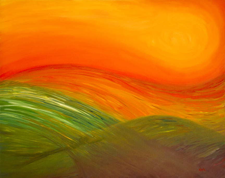 Immerse- 16 x 20, Abstract seascape sunset oil painting on canvas in orange and green by Kim W. Nolan