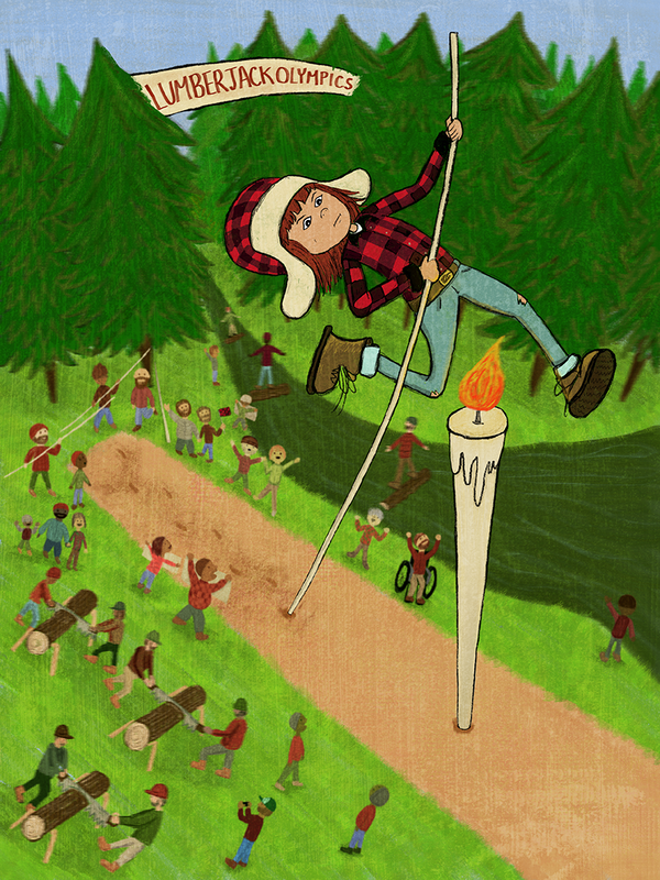Jack Be Nimble children's illustration of a girl lumberjack pole vaulting over a giant candlestick at the lumberjack olympics by Kim Wagner Nolan.
