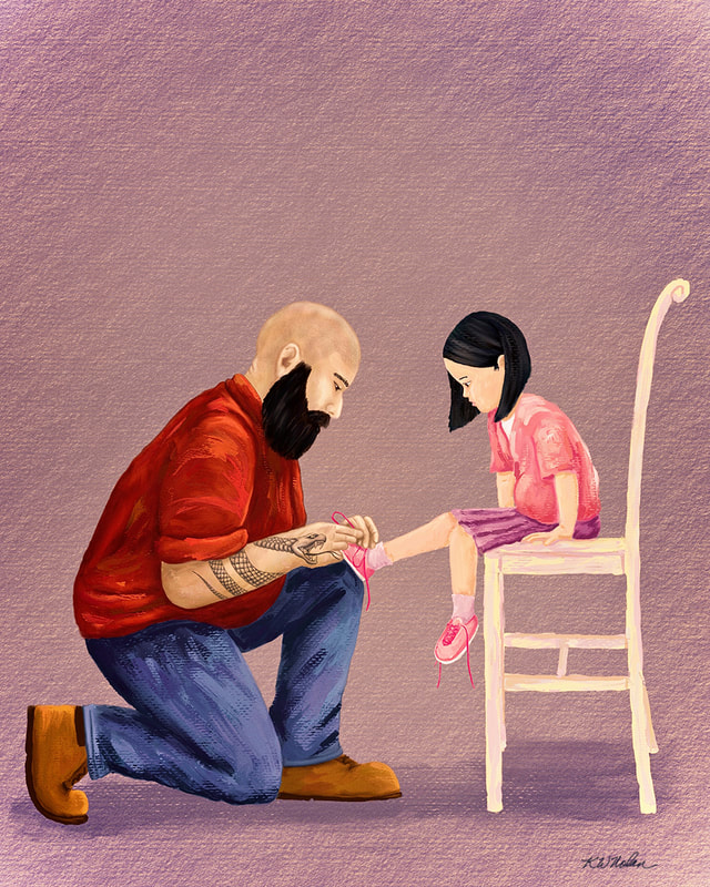 digital painting of a man tying a little girl's shoe. Illustration of a father kneeling down to tie his daughter's shoe. The little girl is sitting on a chair and her foot rests on top of his knee. Illustration by Kim Wagner Nolan.