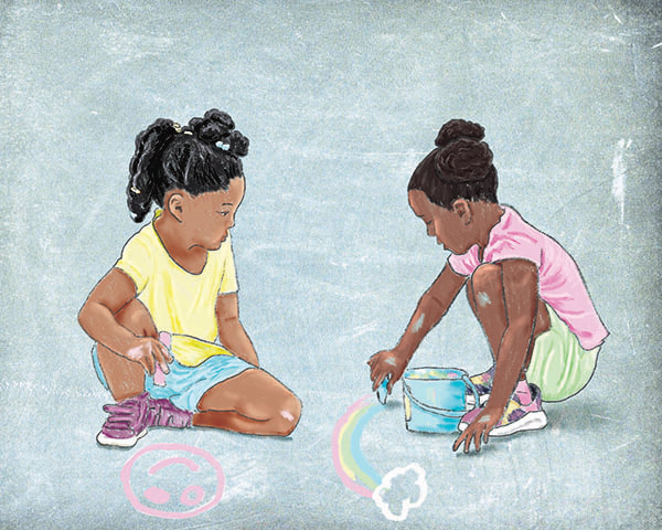 children's illustration of two little girls drawing on the sidewalk with chalk by Kim Wagner Nolan