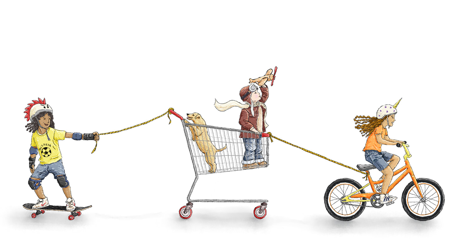 Making Mischief children's illustration of boy in shopping cart, girl riding skateboard and girl on bike by Kim Wagner Nolan