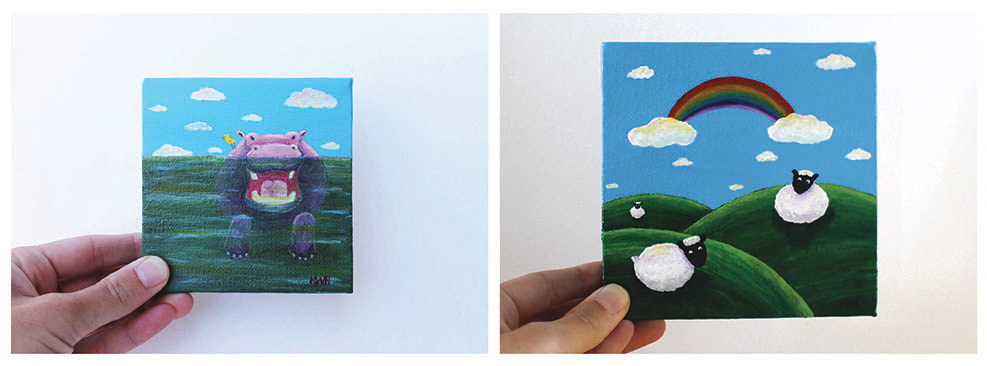4" x 4" and 5" x 5" mini acrylic paintings on canvas of a hippo and sheep in a meadow by Kim Wagner Nolan