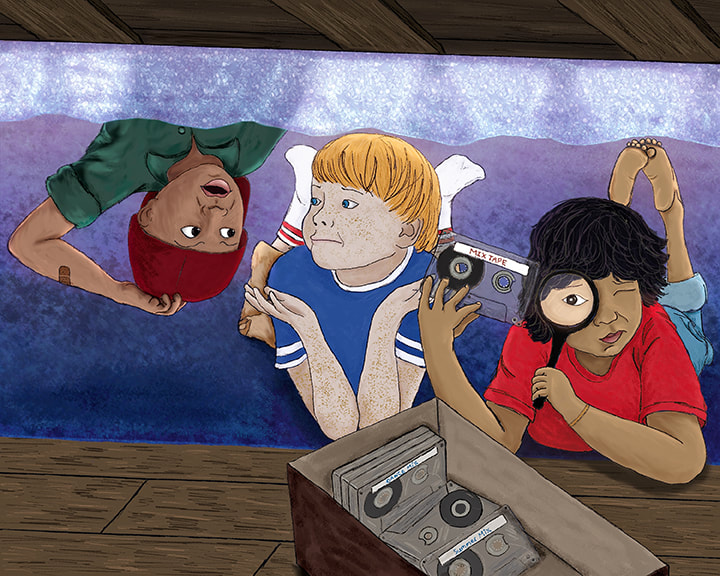 Children's illustration of three boys who find a box of old cassette tapes under their parent's bed and they can't figure out what they are. Illustration by Kim Wagner Nolan