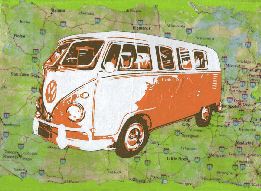 Mixed media painting of an orange Kombi on a green map of the United States of America by Kim Wagner Nolan