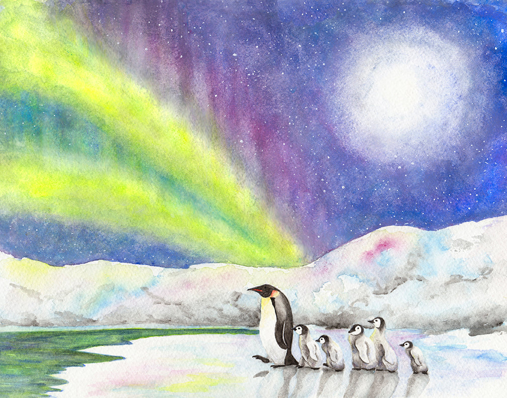 watercolor painting of a mother penguin and her chicks walking under aurora borealis