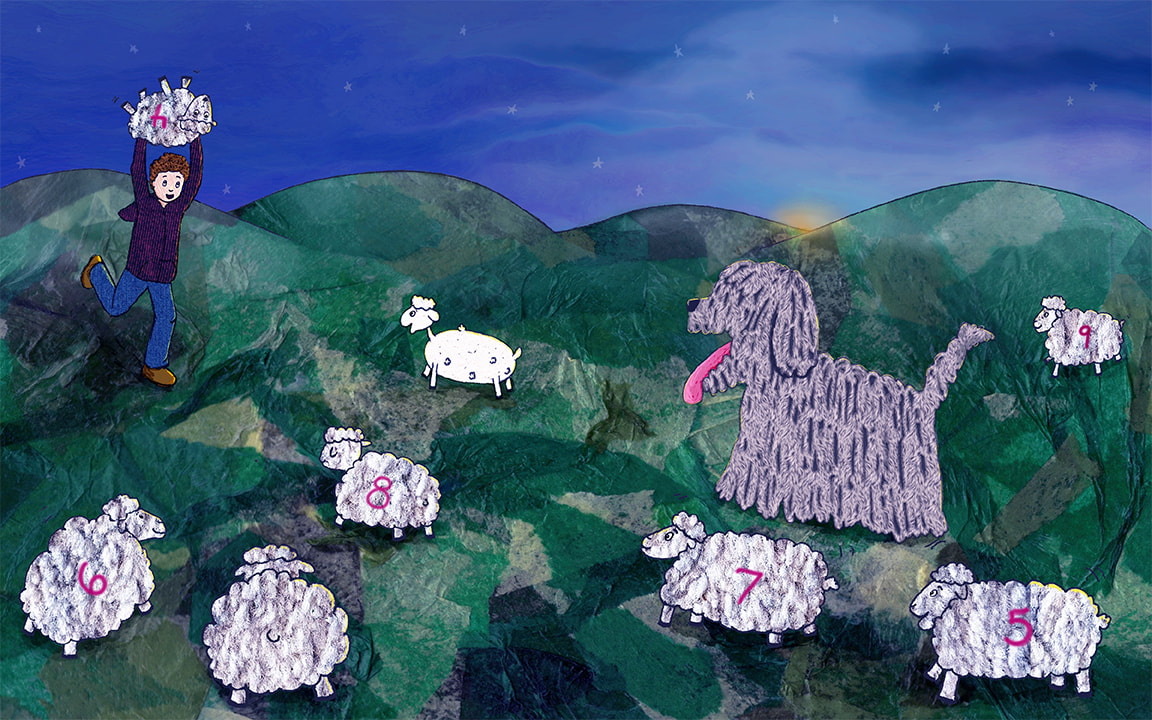 Children's picture book illustration of a shepherd boy carrying a sheep with a sheepdog and sheep in a field under a starry night sky by Kim Wagner Nolan