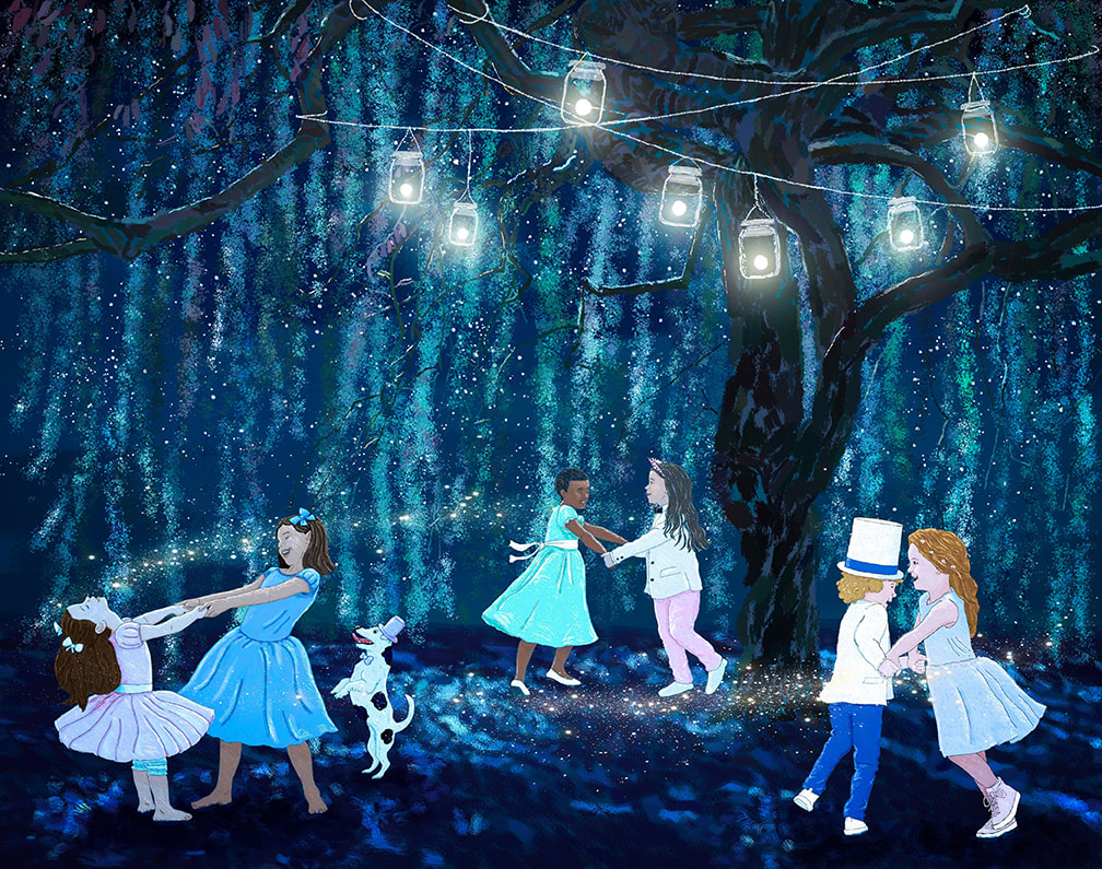 Play Ball children's illustration. Kids dancing under a tree at night by Kim Wagner Nolan
