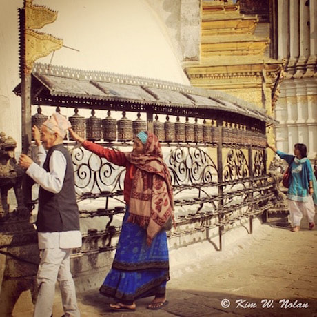 Photograph of prayer wheels Swayambhunath "Monkey Temple"  Kathmandu, Nepal 