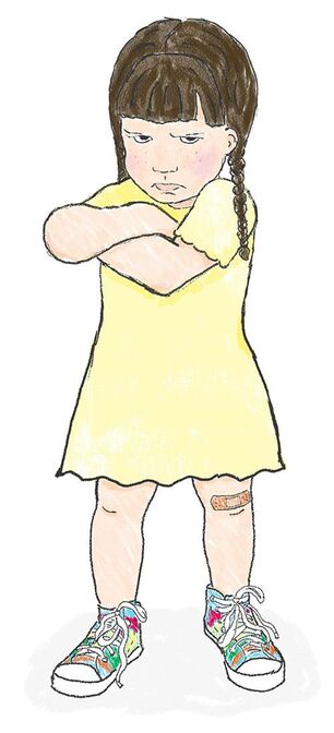 children's illustration of a little girl pouting. She's wearing her dark hair in braids and has on in a yellow dress and rainbow sneakers. Illustration by Kim Wagner Nolan