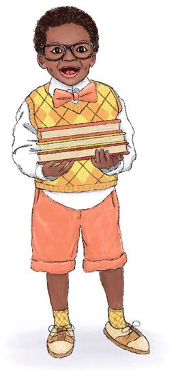 illustration of a little black boy wearing glasses, an orange and yellow argyle sweater, orange shorts, and argyle socks carrying a stack of books. Illustration by Kim Wagner Nolan