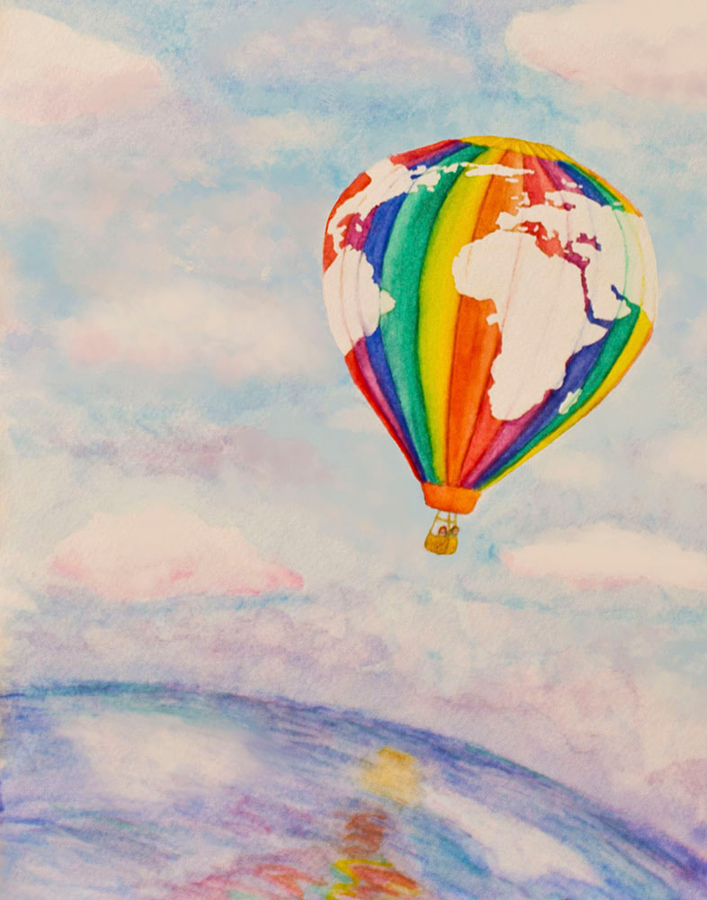 Children's illustration by Kim Wagner Nolan of a rainbow hot air balloon with a world map flying over the ocean