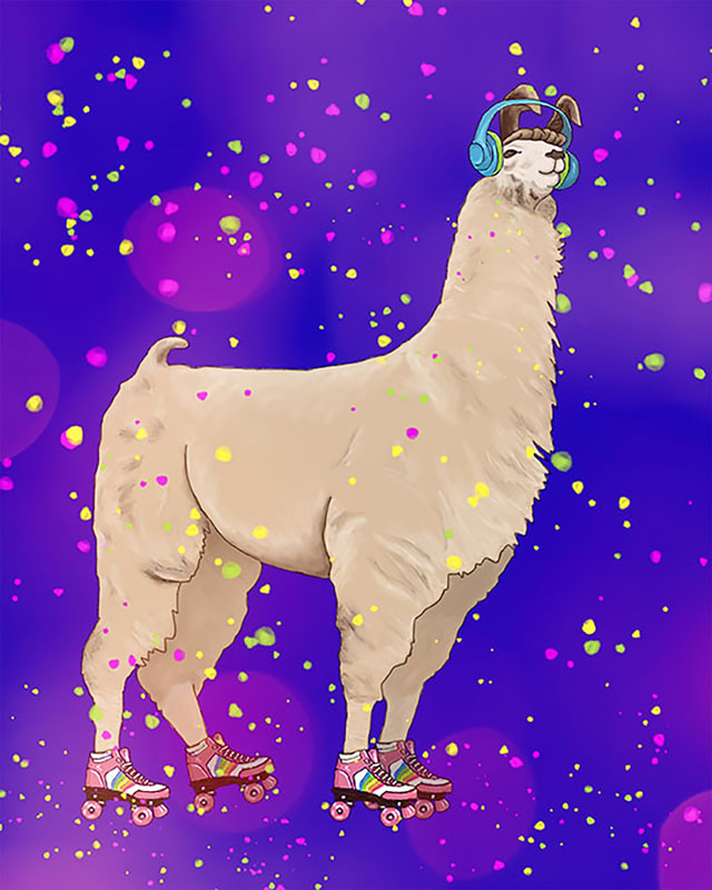 Roller disco llama illustration by kim Wagner Nolan. Dancing Llama wearing rainbow roller skates and blue headphone on a purple background with disco lights