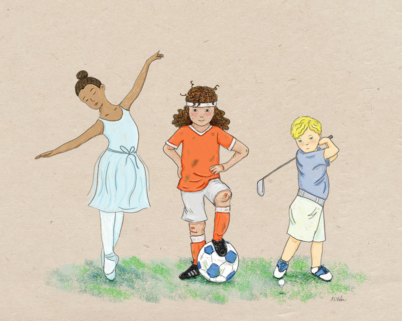 children's illustration by Kim Wagner Nolan of a girl ballet dancing, a girl playing soccer, and a boy playing golf