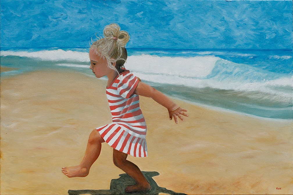 Original oil painting on canvas of a little girl in a pink and white striped dress skipping on the beach by Kim Wagner Nolan.