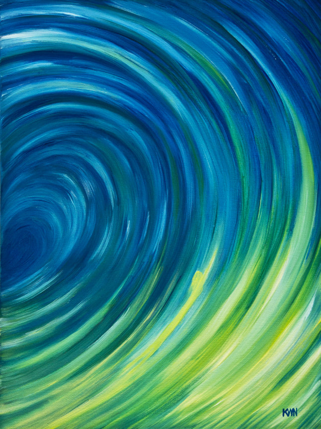 Strive- 16 x 12, Oil on canvas, blue, green, yellow abstract wave painting by Kim Wagner Nolan
