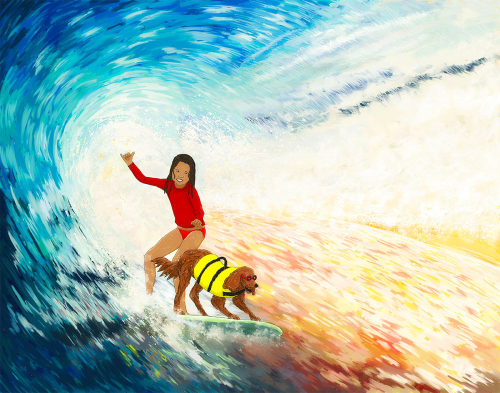Surfer girl riding wave with dog wearing life vest and goggles illustration by Kim Wagner Nolan.