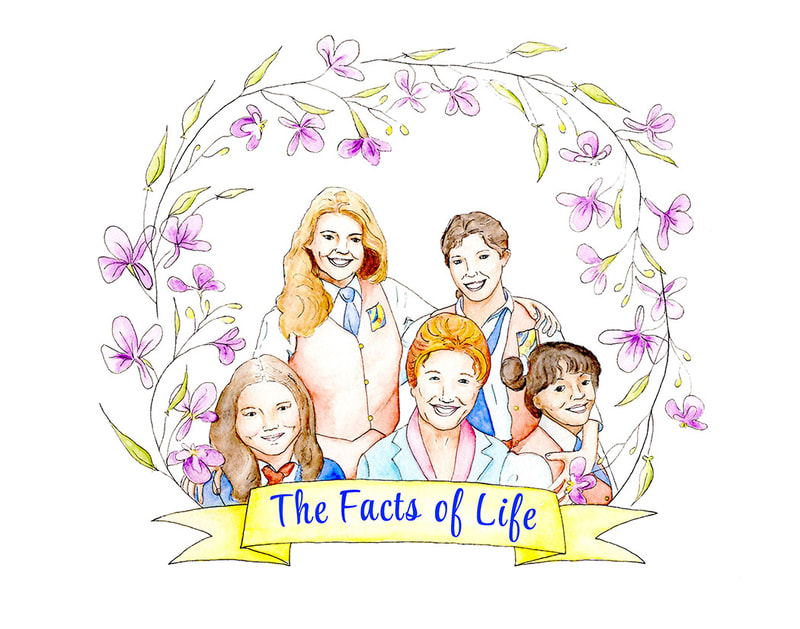 Fan art watercolor illustration of the Facts of Life Cast by Kim Wagner Nolan