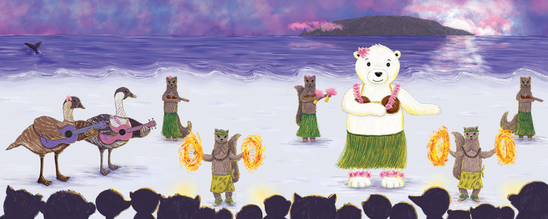 Children's picture book illustration of a polar bear dancing the hula at a Hawaiian luau.