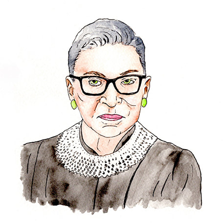 Watercolor portrait of Supreme Court Justice Ruth Bader Ginsburg by Kim Wagner Nolan