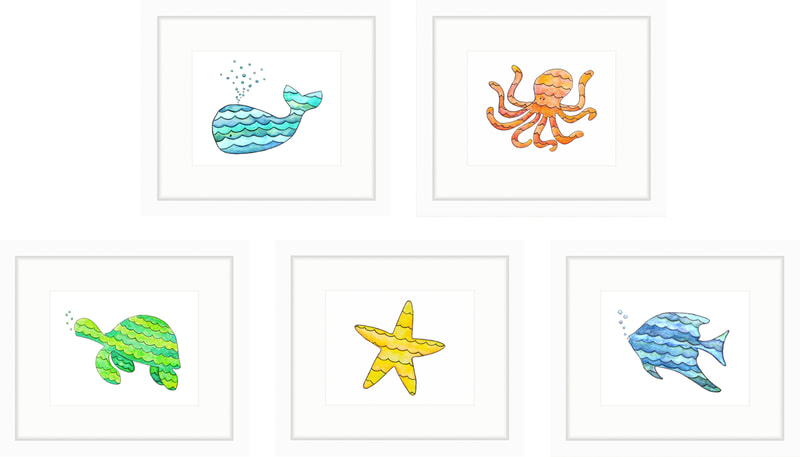 Set of nursery illustrations. Whale, blue fish, green sea turtle, yellow starfish, orange octopus watercolor silhouettes with waves by Kim Wagner Nolan