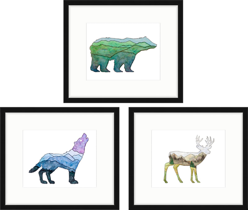 Woodland creatures set of watercolor paintings. Bear, deer, and wolf silhouetting mountains and forest by Kim Wagner Nolan.